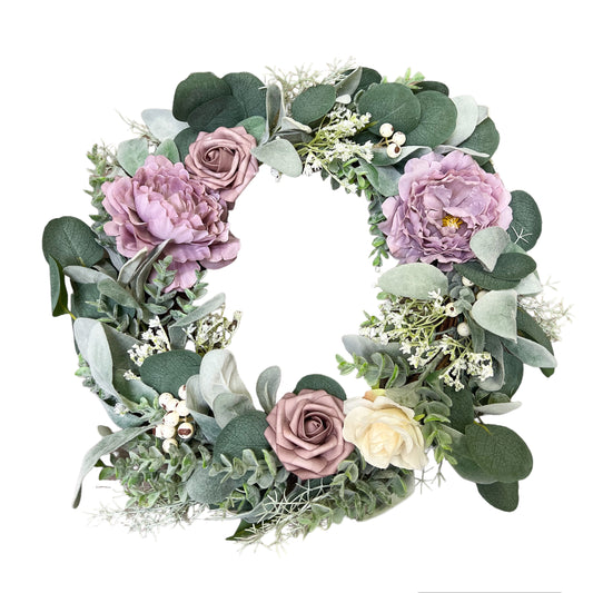 Wreath Artificial Peony & Flocked Leaves Lamb's ear