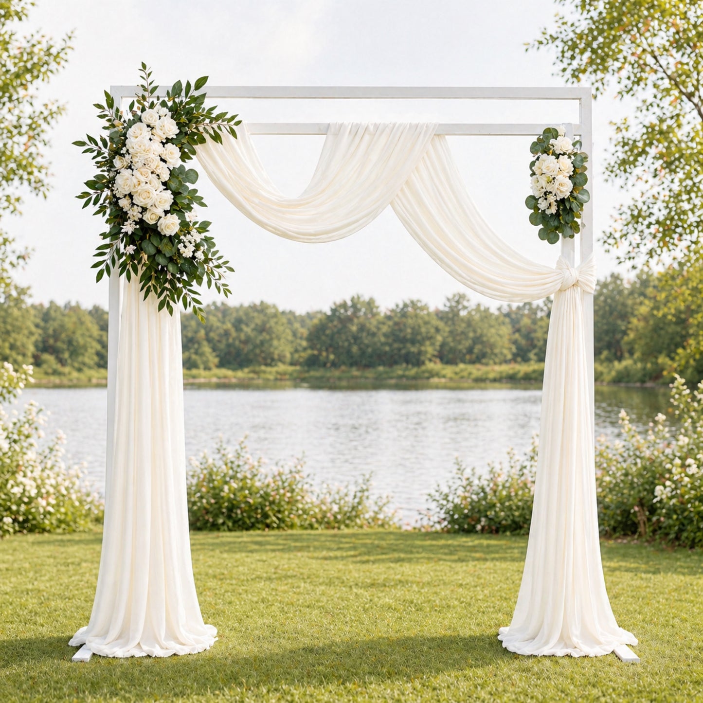 White Wedding Arch Decor Set with Drapes & Floral Arrangements