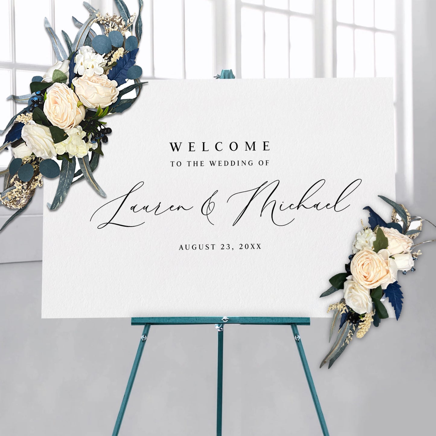 Navy Teal and Blueberry Wedding Artificial Welcome Sign Floral Set