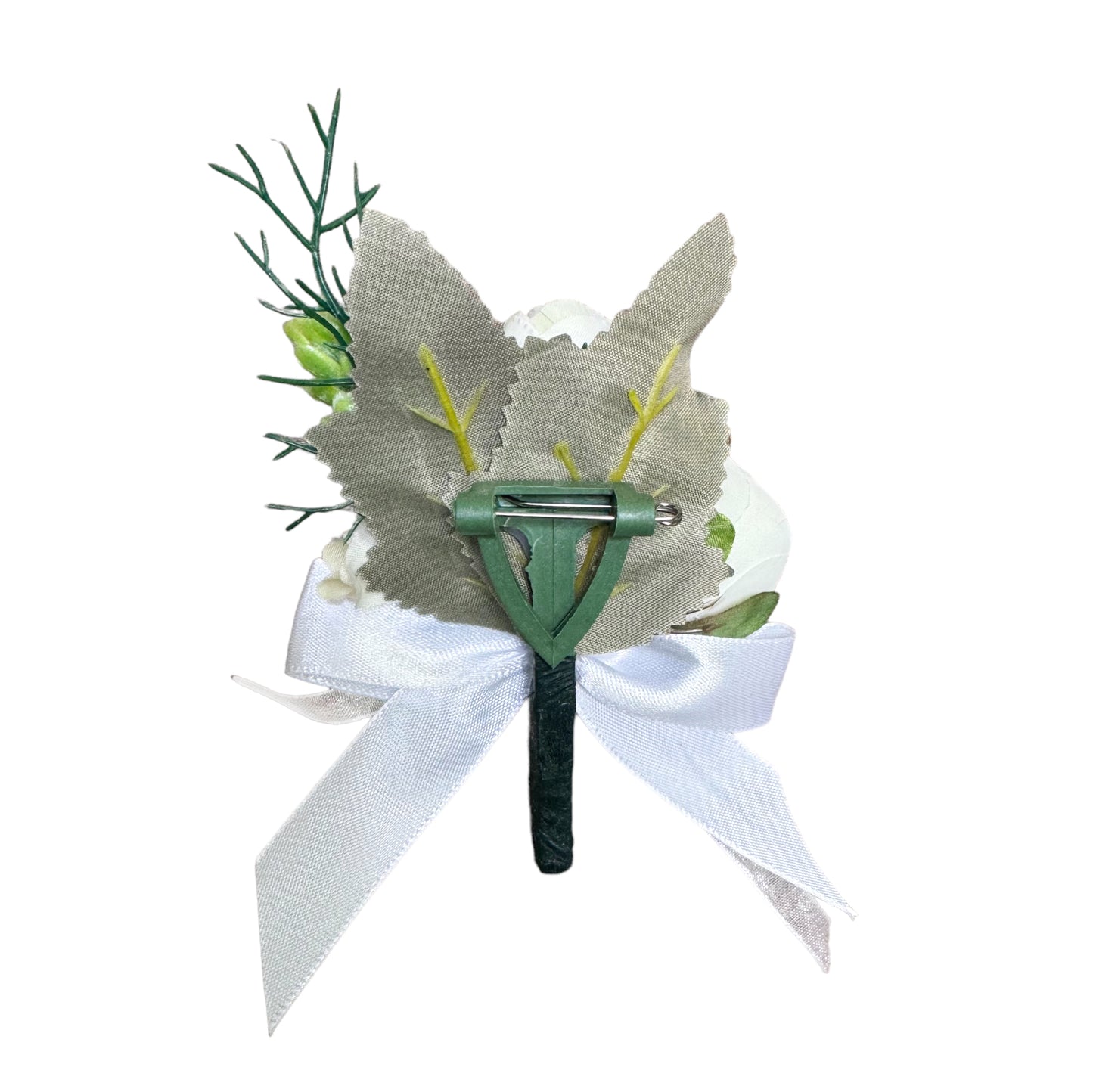 Classic White Artificial Boutonniere with Green Accents