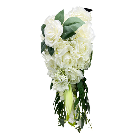 Artificial Floral Bouquet for Wedding - White Roses in Cascading Waterfall Design