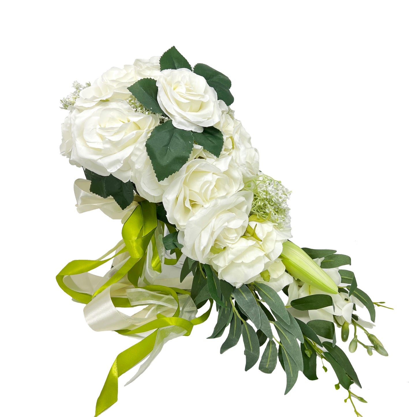 Artificial Floral Bouquet for Wedding - White Roses in Cascading Waterfall Design