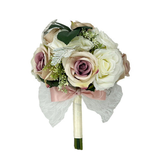 Artificial Rose Wedding Bouquet for Bridal and Bridesmaids in White/Pink with Lace Bow