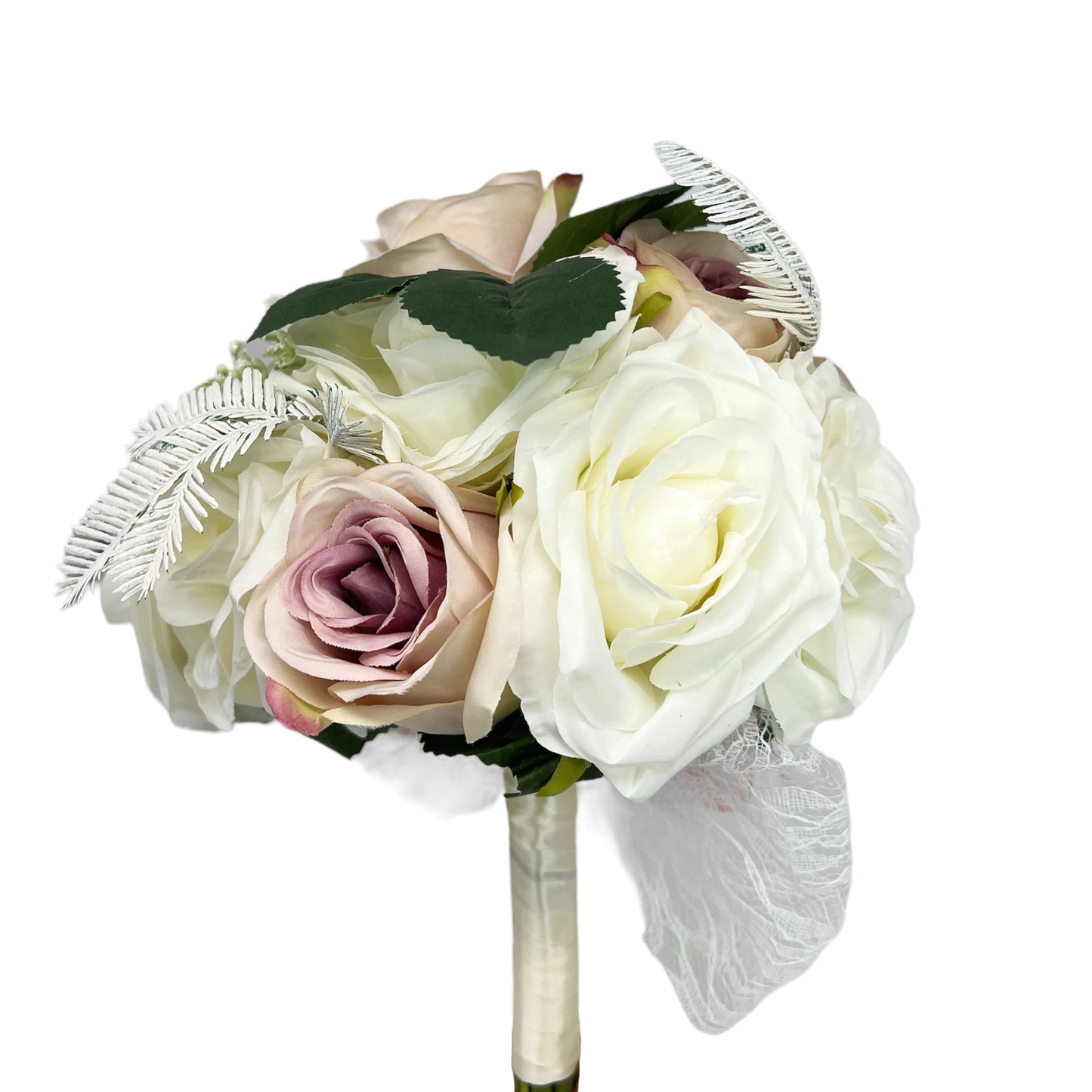 Artificial Rose Wedding Bouquet for Bridal and Bridesmaids in White/Pink with Lace Bow