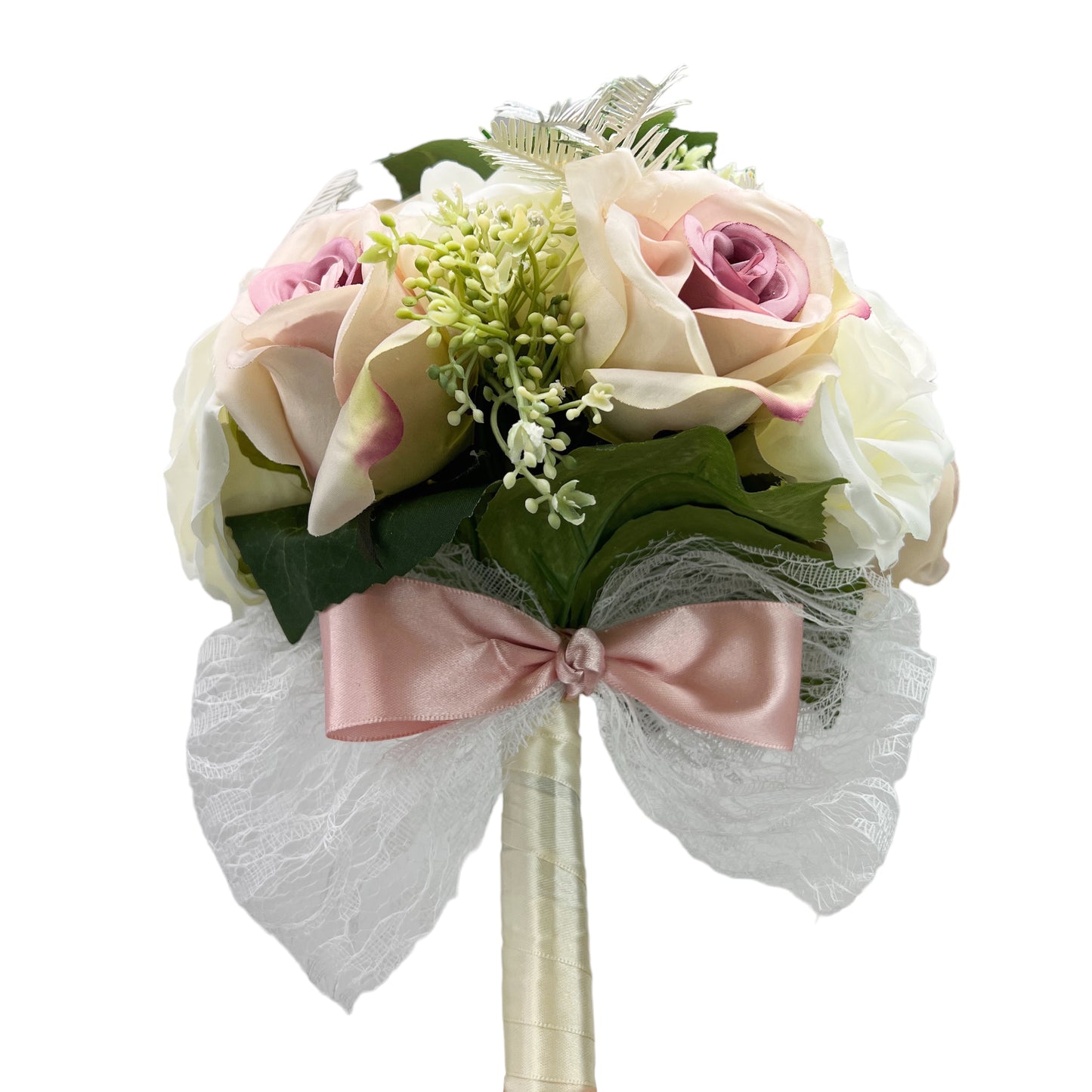 Artificial Rose Wedding Bouquet for Bridal and Bridesmaids in White/Pink with Lace Bow
