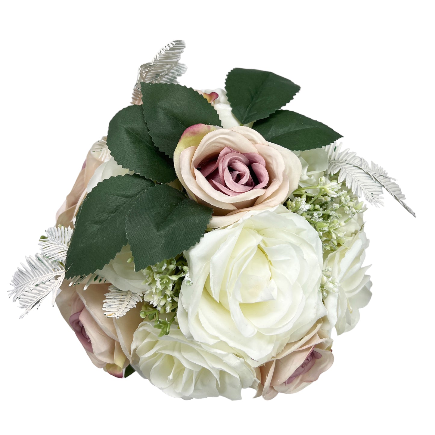 Artificial Rose Wedding Bouquet for Bridal and Bridesmaids in White/Pink with Lace Bow