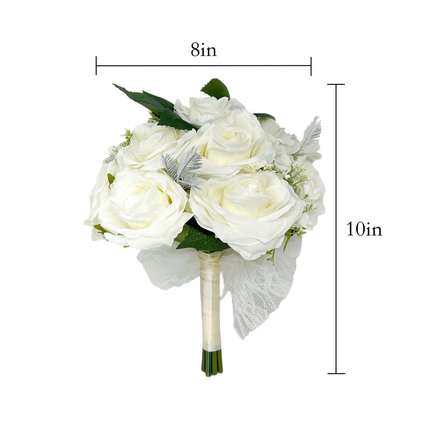 Artificial Rose Wedding Bouquet for Bridal and Bridesmaids in White/Pink with Lace Bow