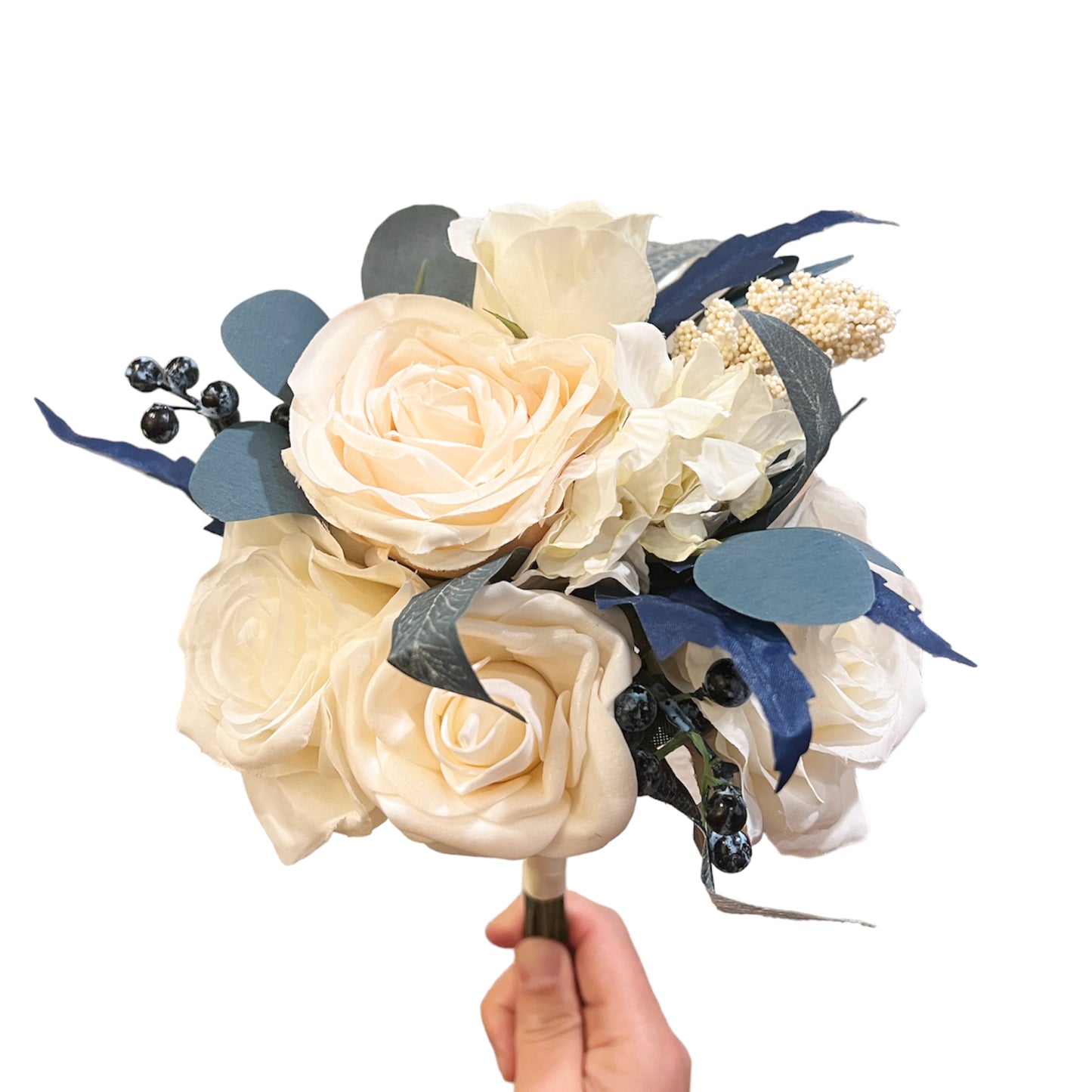 Artificial Roses Wedding Bouquet with Navy Teal Leaves and Blueberry for Brides and Bridesmaids