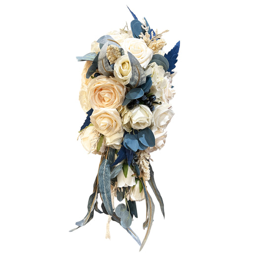 Navy Teal and Blueberry Cascading Bridal Bouquet - Artificial Wedding Flower Arrangement