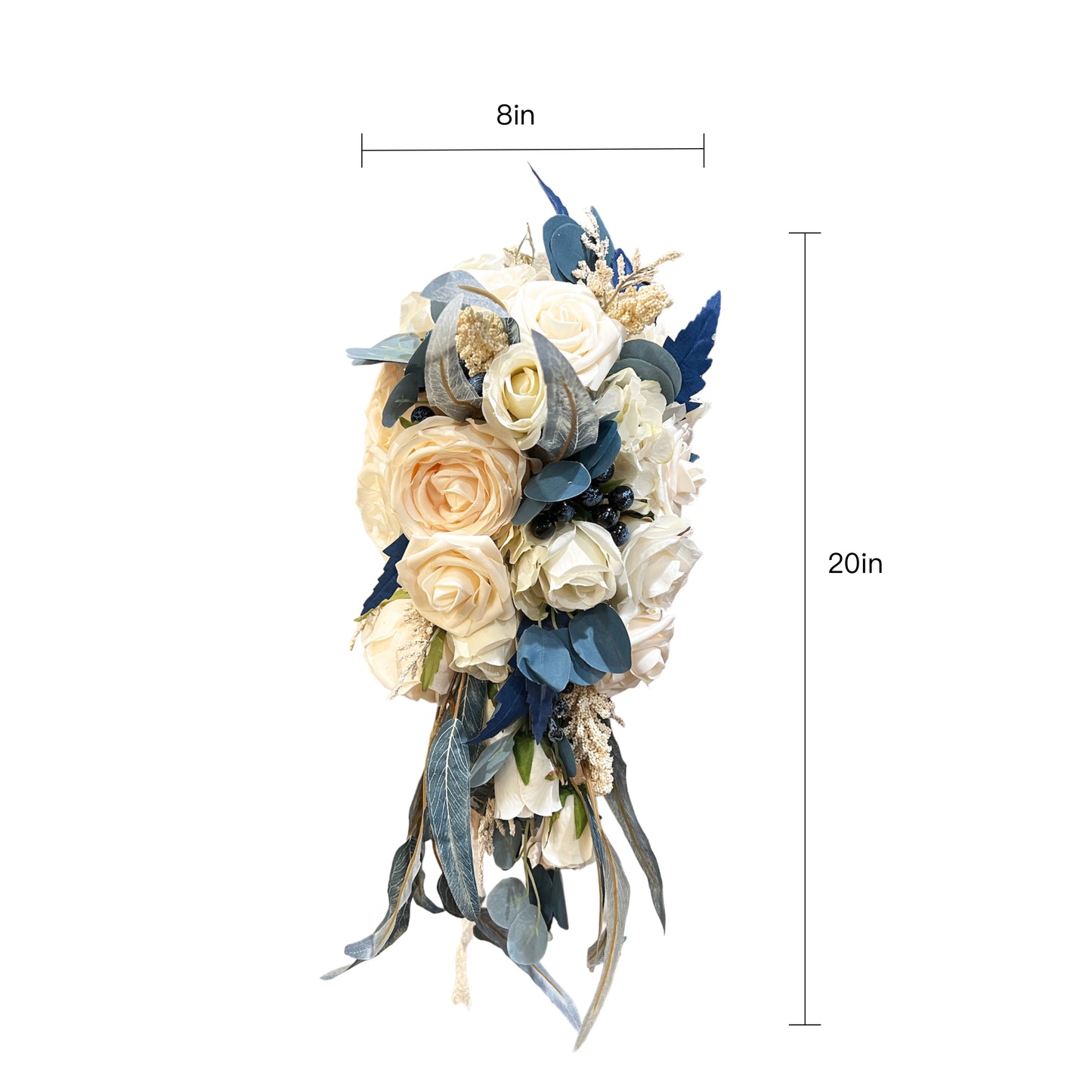 Navy Teal and Blueberry Cascading Bridal Bouquet - Artificial Wedding Flower Arrangement