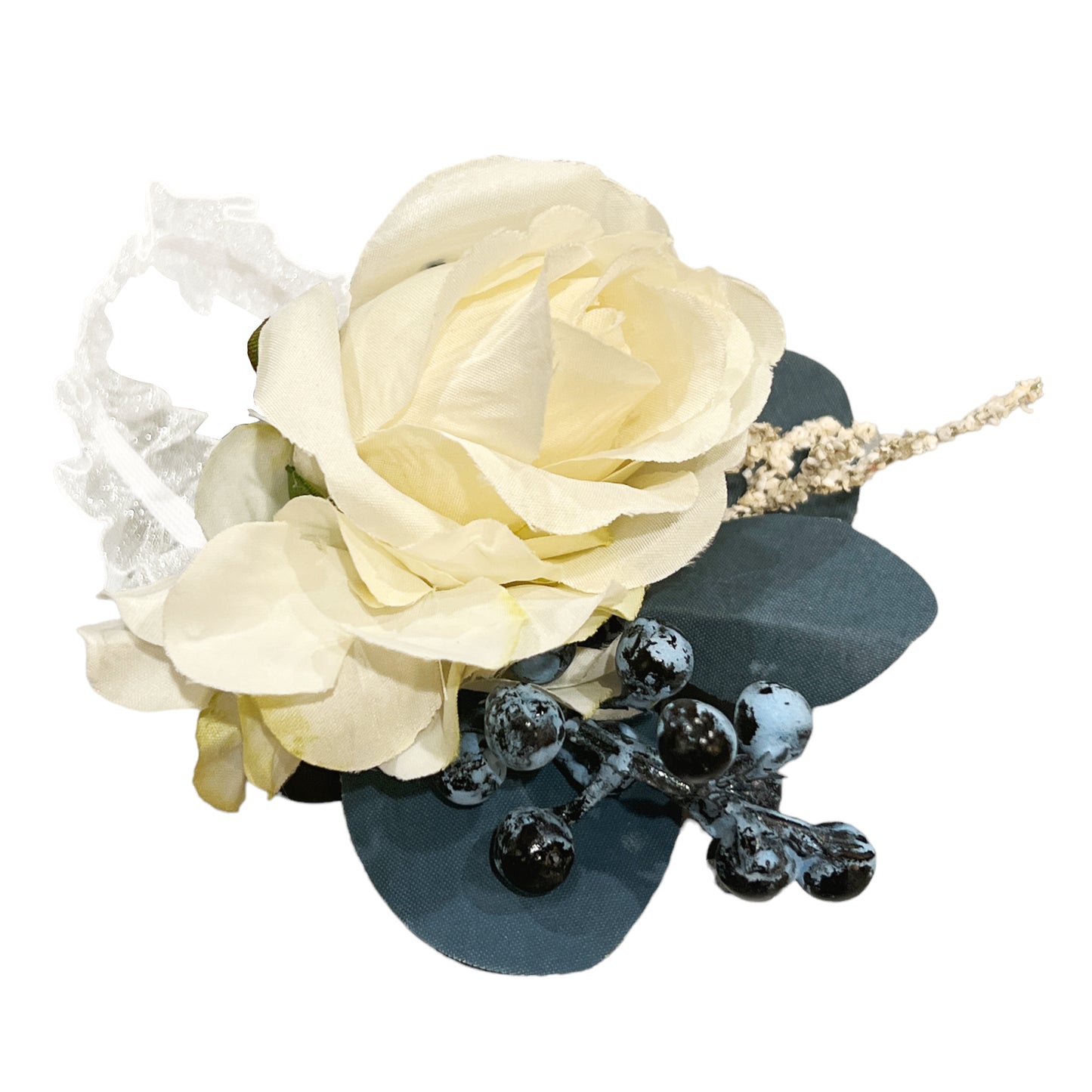 Artificial White Rose Corsage and Wristlet with Navy Teal and Blue Accents
