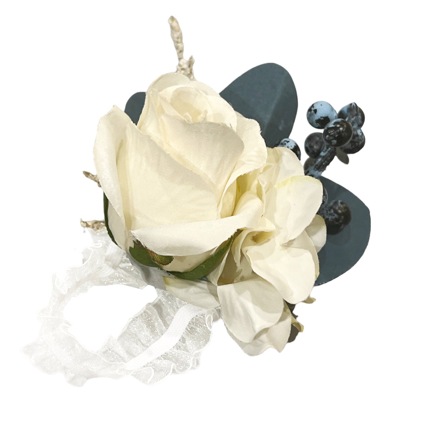 Artificial White Rose Corsage and Wristlet with Navy Teal and Blue Accents