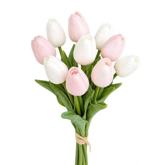 Artificial Tulip Stems – Real Touch PU Flowers (Light Pink & White), 13.5" Home Decor & Wedding