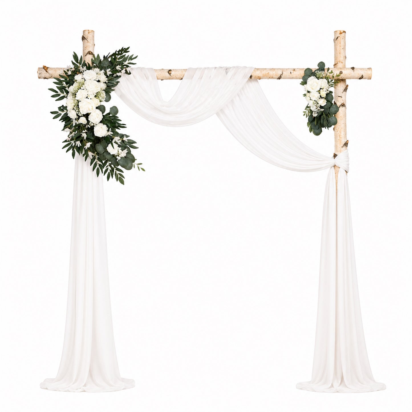 White Wedding Arch Decor Set with Drapes & Floral Arrangements