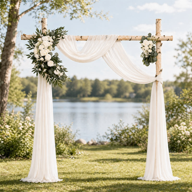 White Wedding Arch Decor Set with Drapes & Floral Arrangements