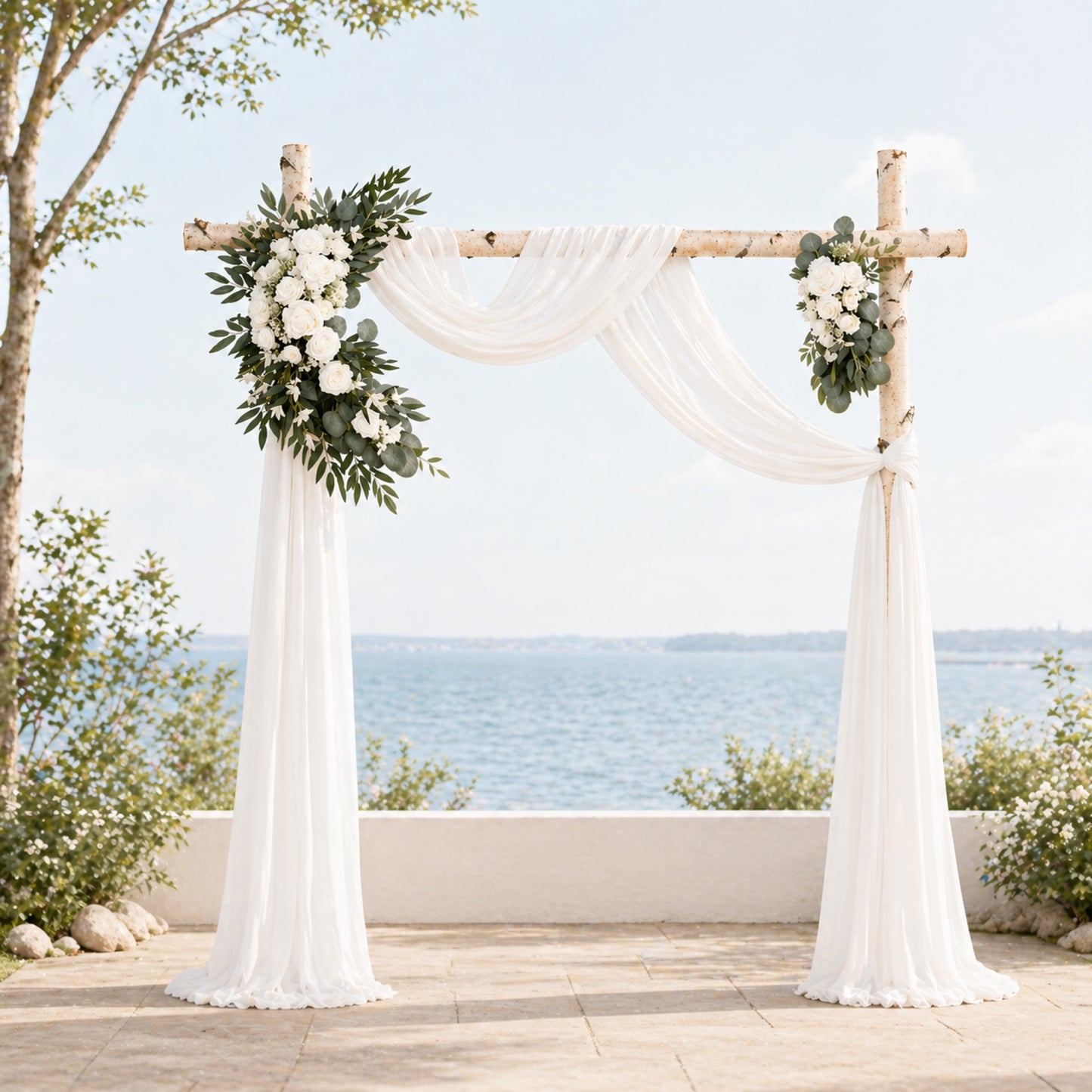 White Wedding Arch Decor Set with Drapes & Floral Arrangements