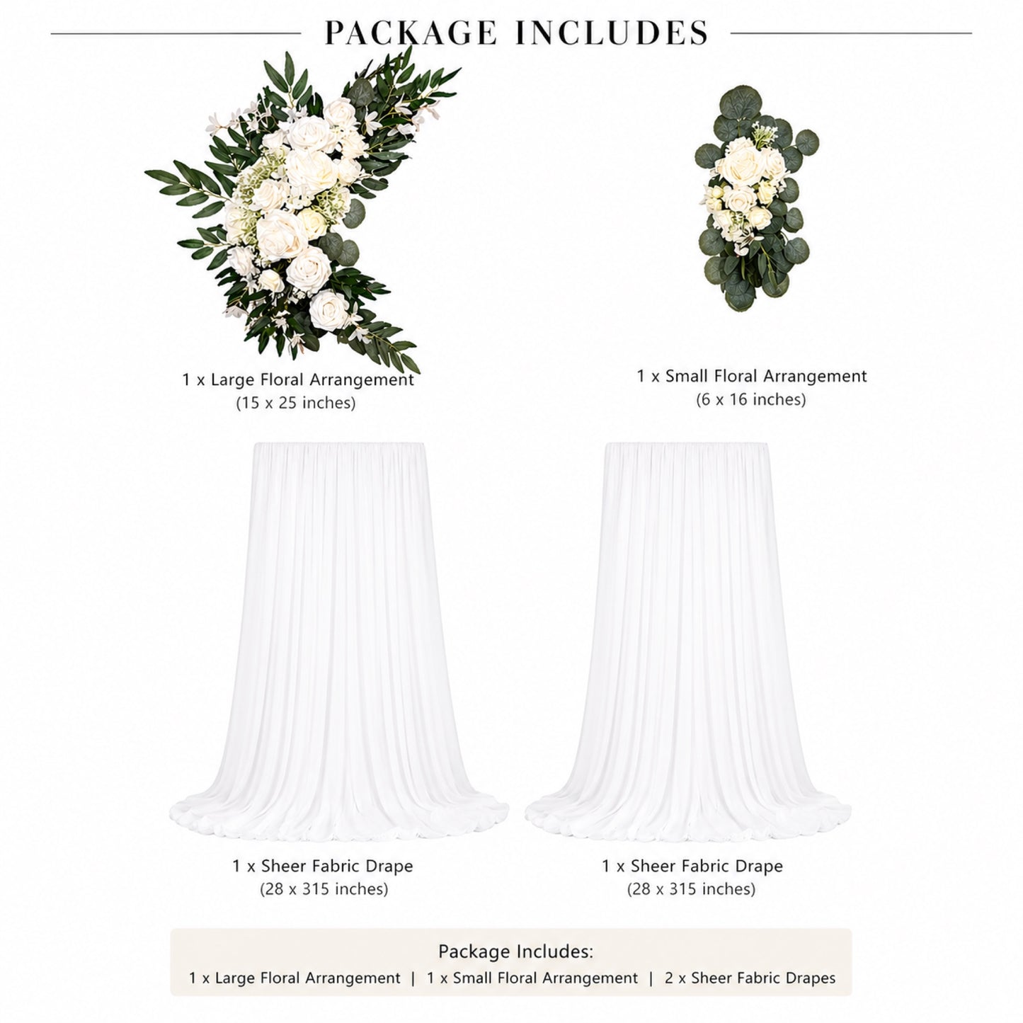 White Wedding Arch Decor Set with Drapes & Floral Arrangements