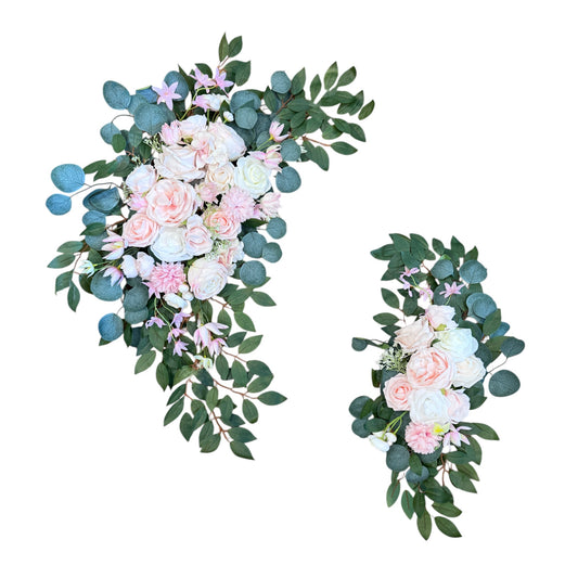 Wedding Arch Floral Swag Set – 2-Piece Artificial Flower Arrangement with Pink & White Roses, Eucalyptus – Elegant Event Décor