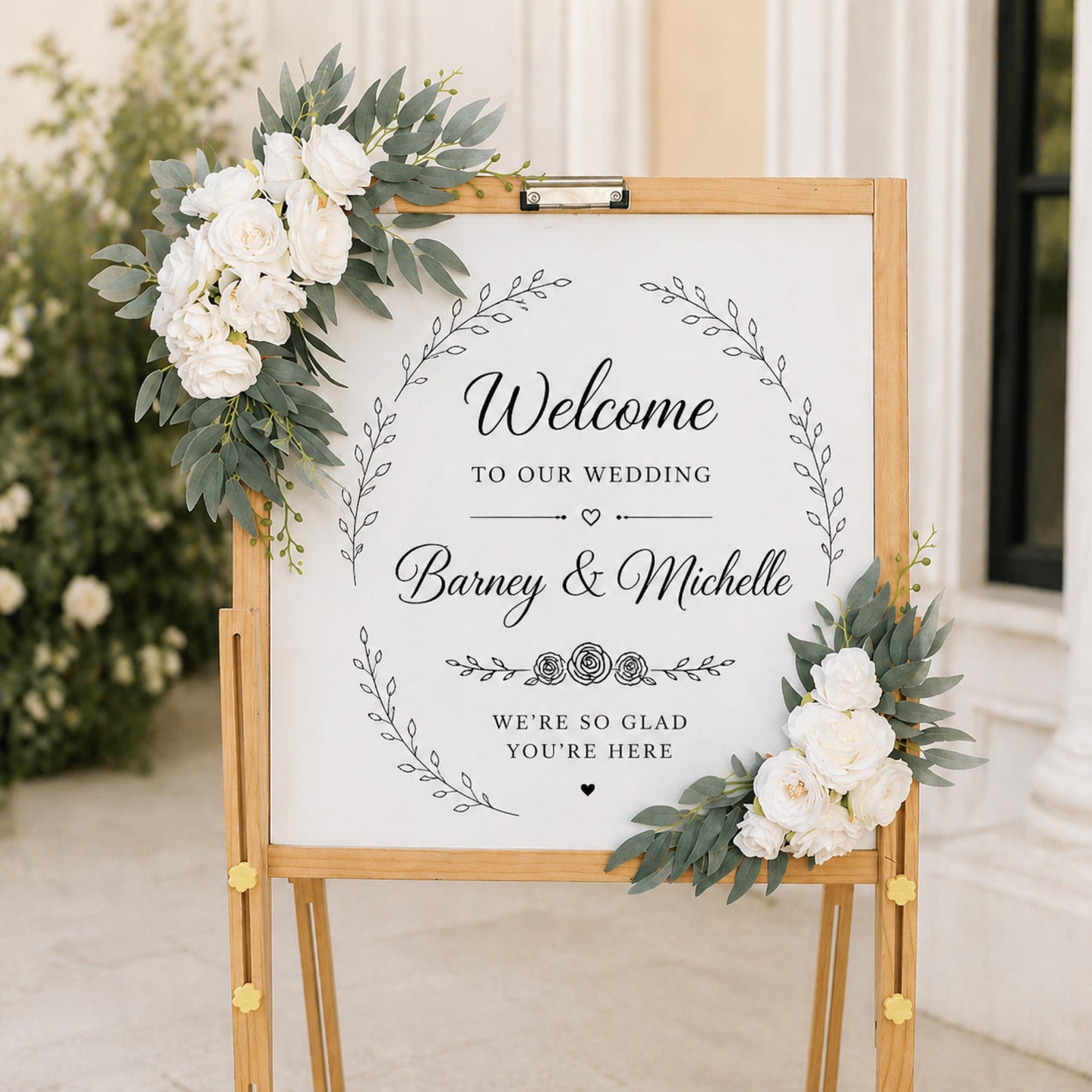 Artificial White Rose Sign Decor with Greenery – Wedding Welcome Sign Corner Flowers, Party & Birthday Sign Decoration