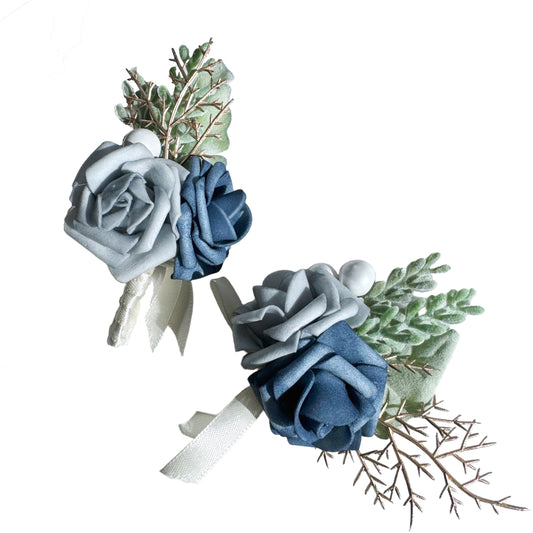 Artificial Rose Wrist Corsag and Boutonniere in Bluish-Grey Color