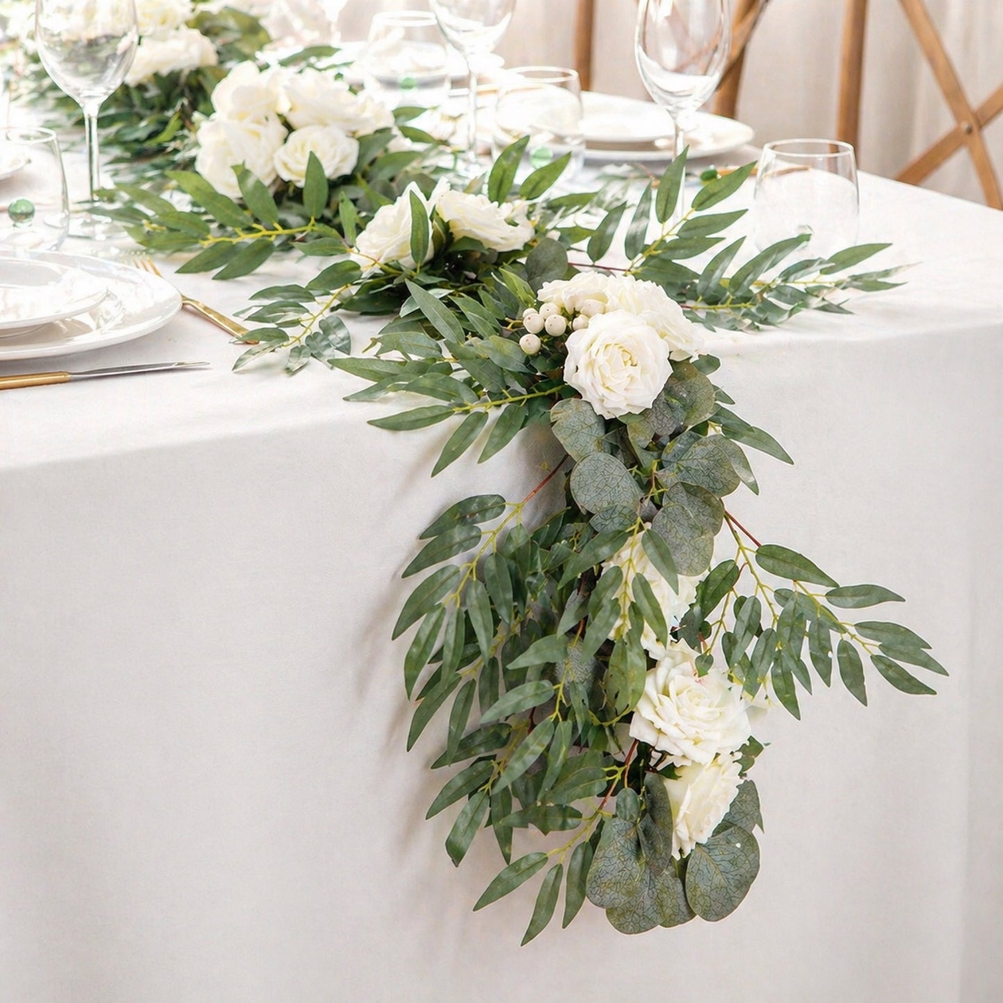 Elegant Wedding Garland – Artificial White Rose & Greenery Floral Runner, Flexible Table & Arch Decor