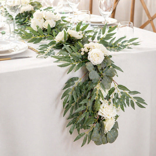 Elegant Wedding Garland – Artificial White Rose & Greenery Floral Runner, Flexible Table & Arch Decor