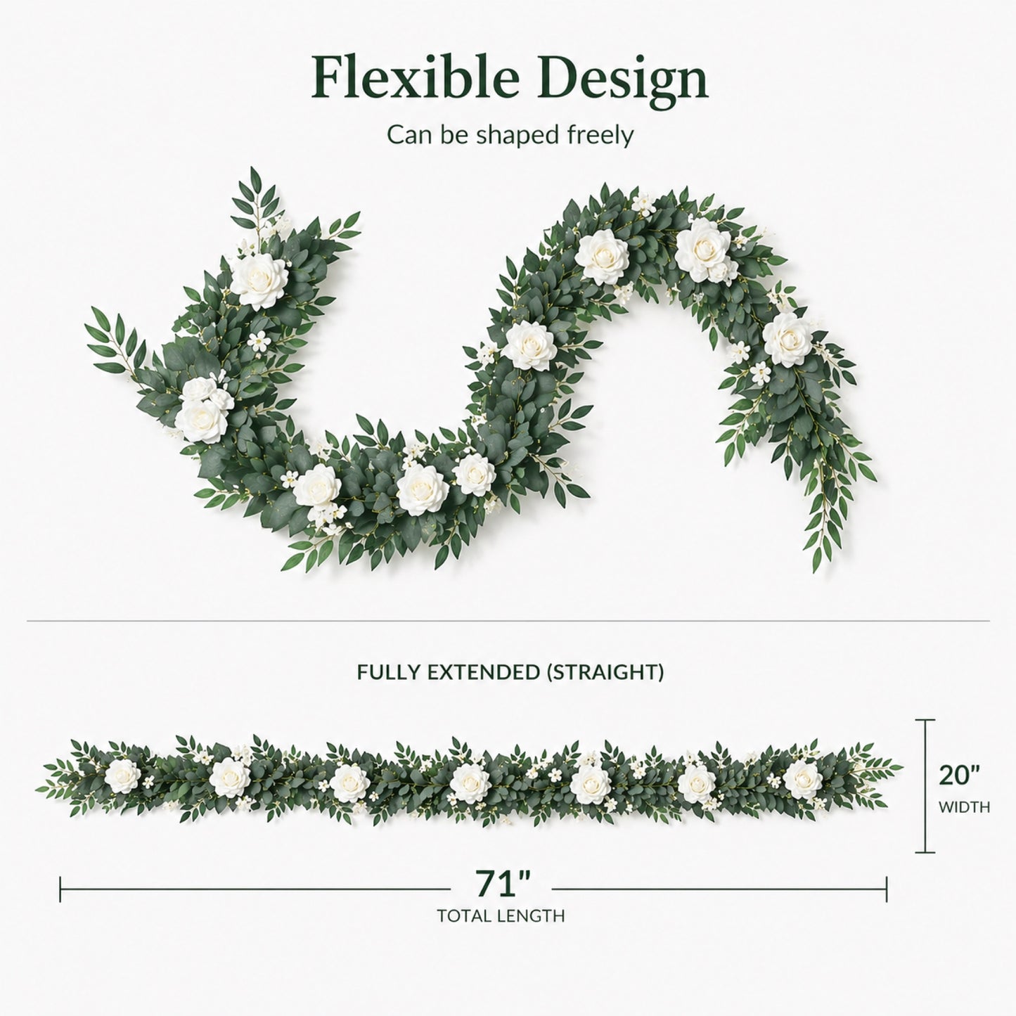 Elegant Wedding Garland – Artificial White Rose & Greenery Floral Runner, Flexible Table & Arch Decor