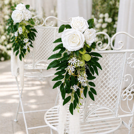 Elegant Artificial Wedding Chair Flowers – White Rose Aisle Decor with Greenery, Chair Back Floral Arrangement for Ceremony & Party