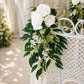 Elegant Artificial Wedding Chair Flowers – White Rose Aisle Decor with Greenery, Chair Back Floral Arrangement for Ceremony & Party