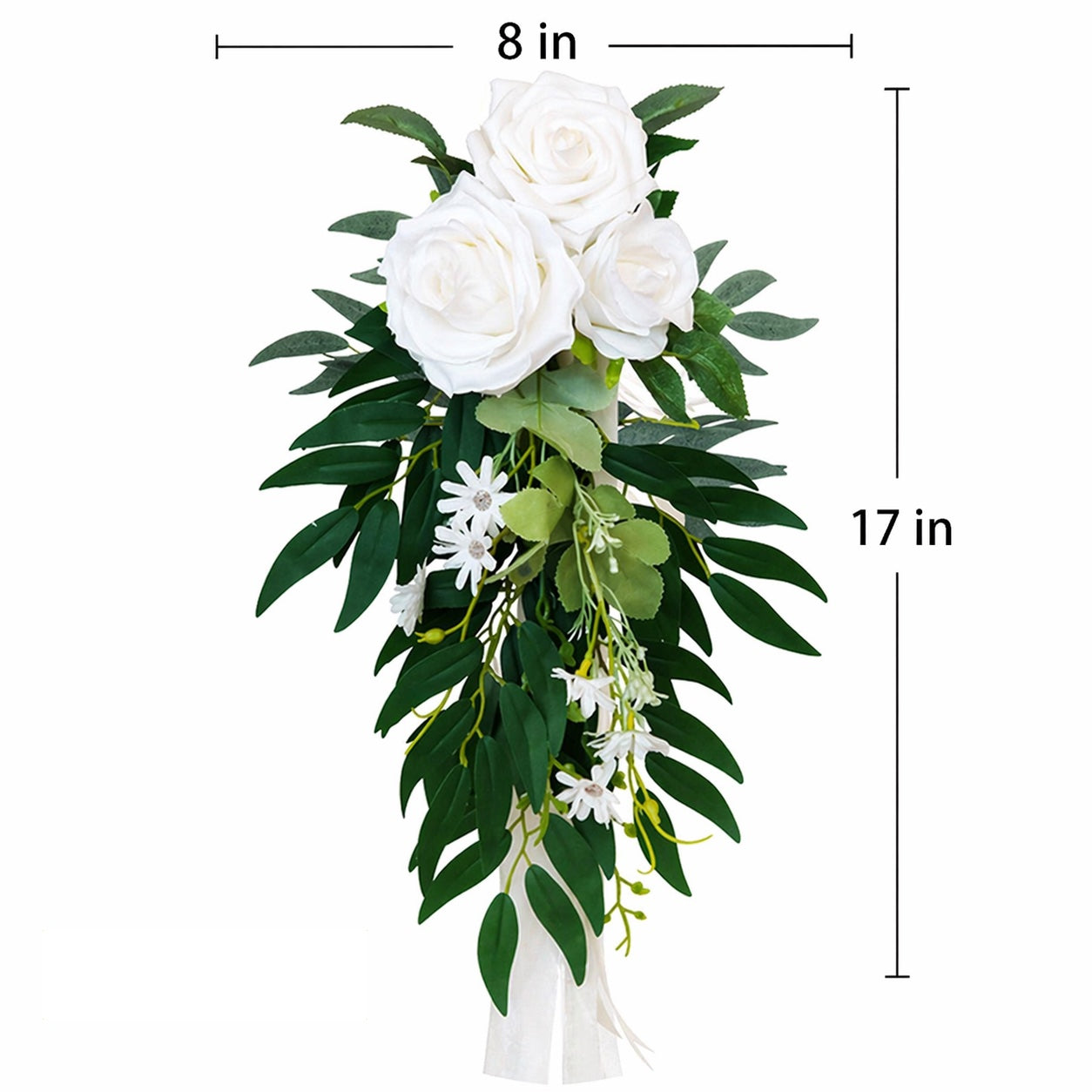 Elegant Artificial Wedding Chair Flowers – White Rose Aisle Decor with Greenery, Chair Back Floral Arrangement for Ceremony & Party