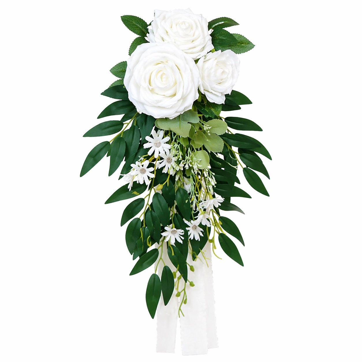 Elegant Artificial Wedding Chair Flowers – White Rose Aisle Decor with Greenery, Chair Back Floral Arrangement for Ceremony & Party