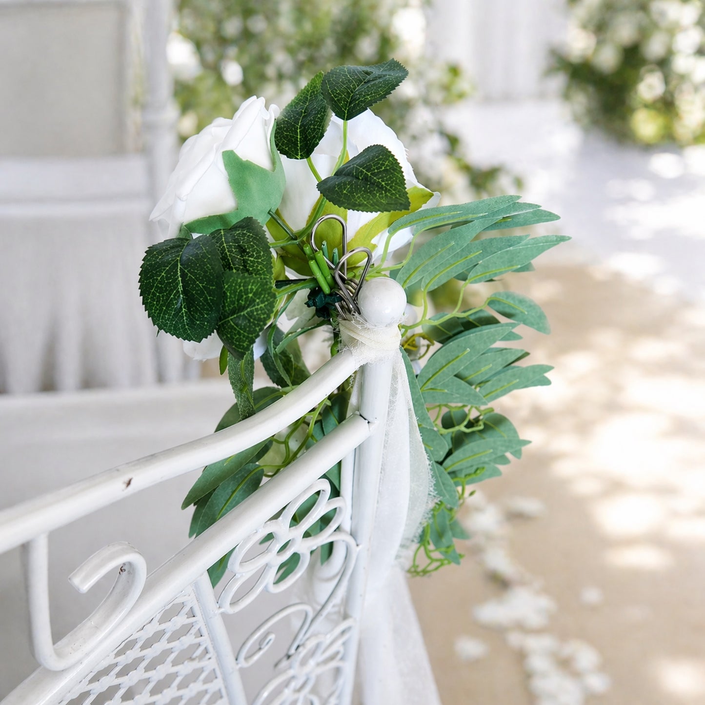 Elegant Artificial Wedding Chair Flowers – White Rose Aisle Decor with Greenery, Chair Back Floral Arrangement for Ceremony & Party