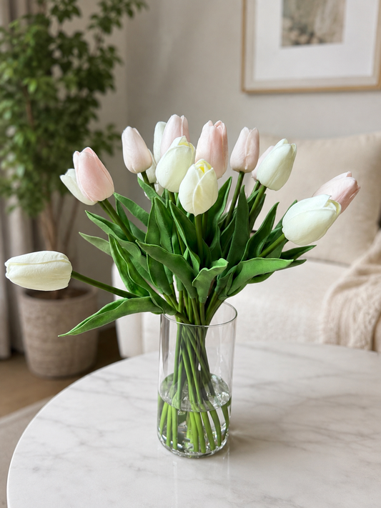 Handcrafted Real Touch Tulip Bouquet – 20 Customizable Artificial Tulips in Glass Vase with Faux Water, 14” Tall