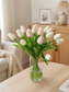 Handcrafted Real Touch Tulip Bouquet – 20 Customizable Artificial Tulips in Glass Vase with Faux Water, 14” Tall