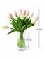 Handcrafted Real Touch Tulip Bouquet – 20 Customizable Artificial Tulips in Glass Vase with Faux Water, 14” Tall