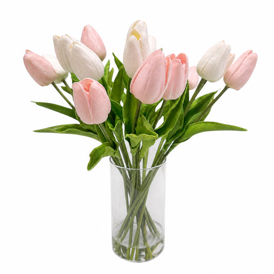 Handcrafted Real Touch Tulip Bouquet – 20 Customizable Artificial Tulips in Glass Vase with Faux Water, 14” Tall