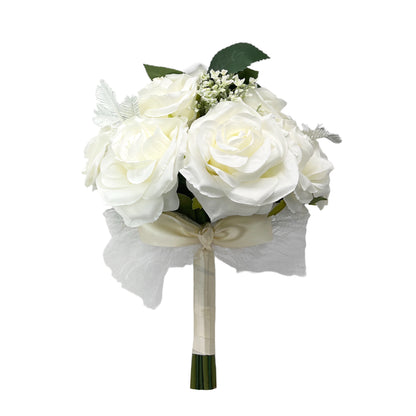 Artificial Rose Wedding Bouquet for Bridal and Bridesmaids in White/Pink with Lace Bow
