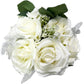 Artificial Rose Wedding Bouquet for Bridal and Bridesmaids in White/Pink with Lace Bow