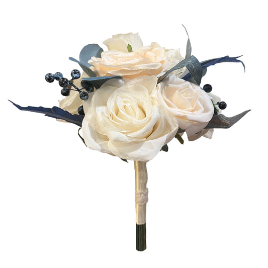 Artificial Roses Wedding Bouquet with Navy Teal Leaves and Blueberry for Brides and Bridesmaids