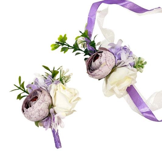 Artificial Rose and Peony Boutonniere & Corsage with Purple Ribbon