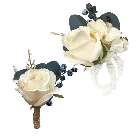 Artificial White Rose Corsage and Wristlet with Navy Teal and Blue Accents